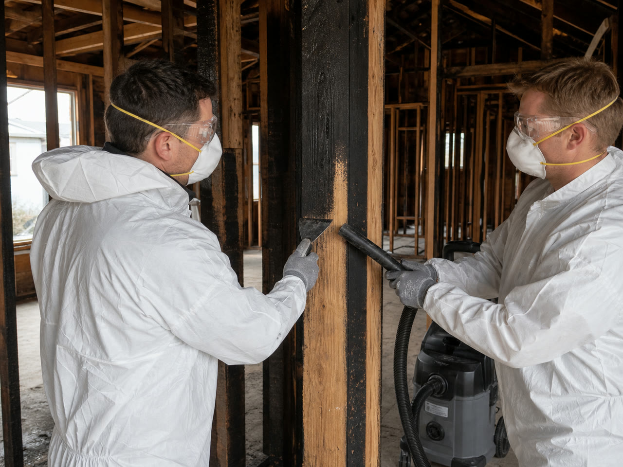 Two protected restoration workers scrape shallow surface char from a sound stud while holding a HEPA vacuum nozzle beside the work